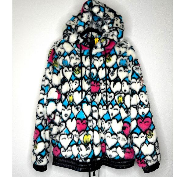 Moncler Grenoble White Heart Print Faux Fur Fuzzy Oversized Hoodie Jacket Large - Picture 2 of 16